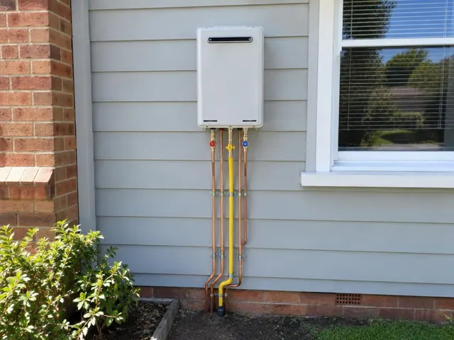 Wall-mounted hot water unit with exposed copper pipework on exterior weatherboard wall in Heddon Greta